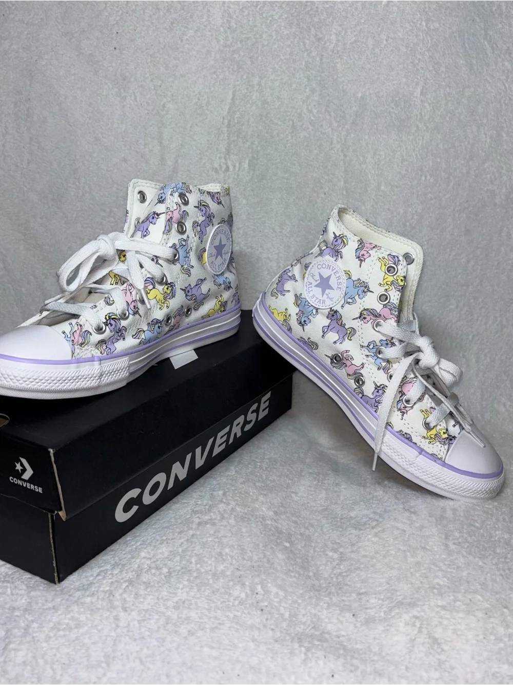 Converse Kids High-Top Sneakers in White with Pastel Unicorn Print